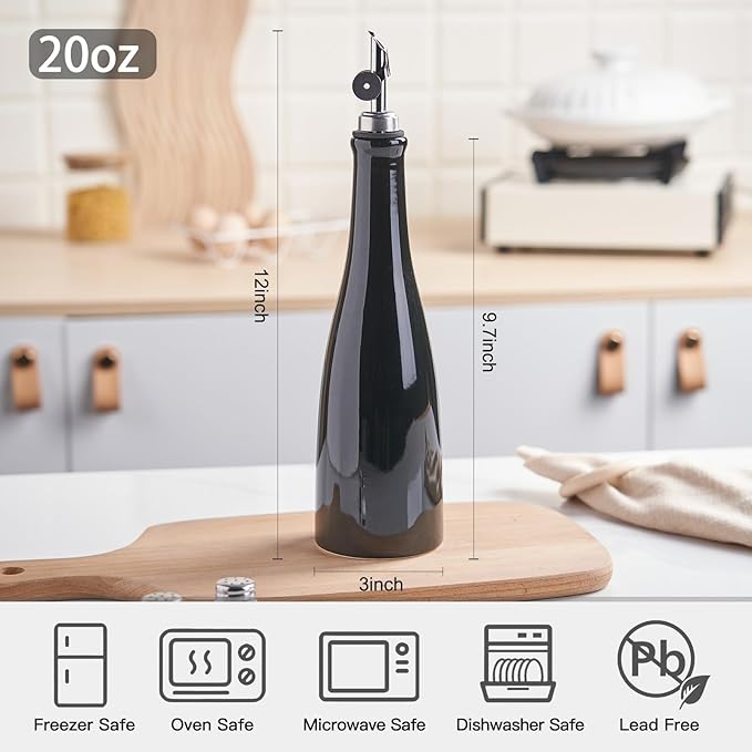 YOLIFE Olive Oil Dispenser Bottle, 20oz Ceramic Oil Dispenser for Kitchen, Oil Bottle with Gravity Spout, Leak Proof EVOO Dispensing Bottle with 2 Spouts and 1 Funnel for Vinegar, Juice(Black)