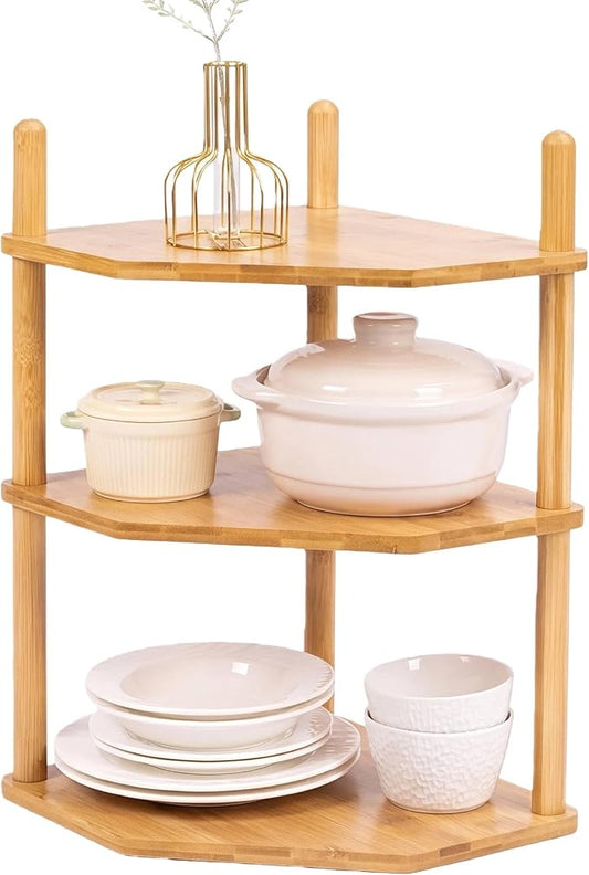 3 Tier Expandable Bamboo Corner Shelf - Dish/Plate Organizer for Cabinet, Kitchen Counter Shelf & Small Kitchen Shelf, Adjustable (1, 3Tier-6.7" H)