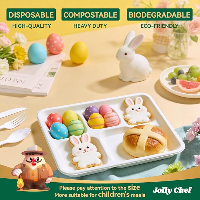 JOLLY CHEF Compostable 𝟱 Compartment Paper Plates 10*8.25*1 𝗶𝗻𝗰𝗵 [𝟭𝟮𝟱 𝗣𝗮𝗰𝗸] Small Heavy Duty Divided Disposable White Eco-Friendly Biodegradable Food Tray for School Lunch Dinner Christmas