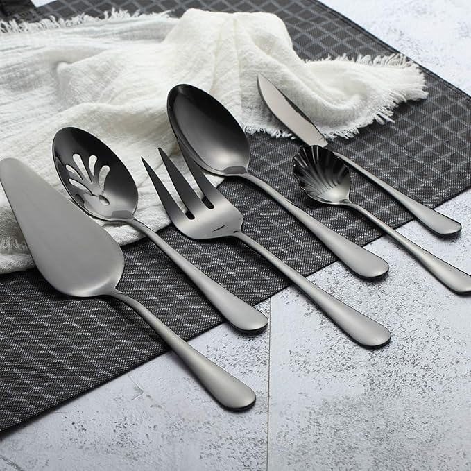 Berglander Stainless Steel Black Titanium Plated Flatware Serving Set 6 Pieces, 5 Serving Pieces of 45 Pieces Flatware With 1 Cake Server, Serving Silverware Set (Shiny Black)