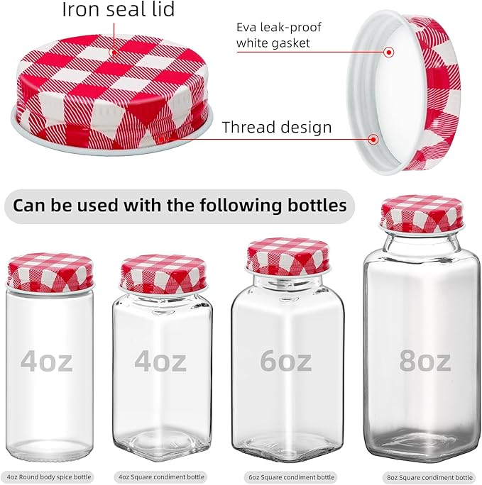 48 Pcs iron Jar Lids Lids for 4 oz and 6 oz Square Spice Jars Reusable Can Airtight Spice Storage Canning Lids for Nice Sealing Kitchen (Red grid)
