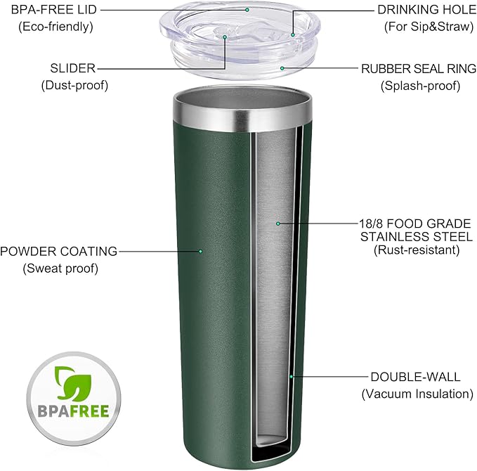VEGOND Stainless Steel Tumblers Bulk 6 Pack, 20 oz Vacuum Insulated Skinny Tumblers with Lid and Straw, Double Wall Coffee Mug, Travel Water Cup, Dark Green