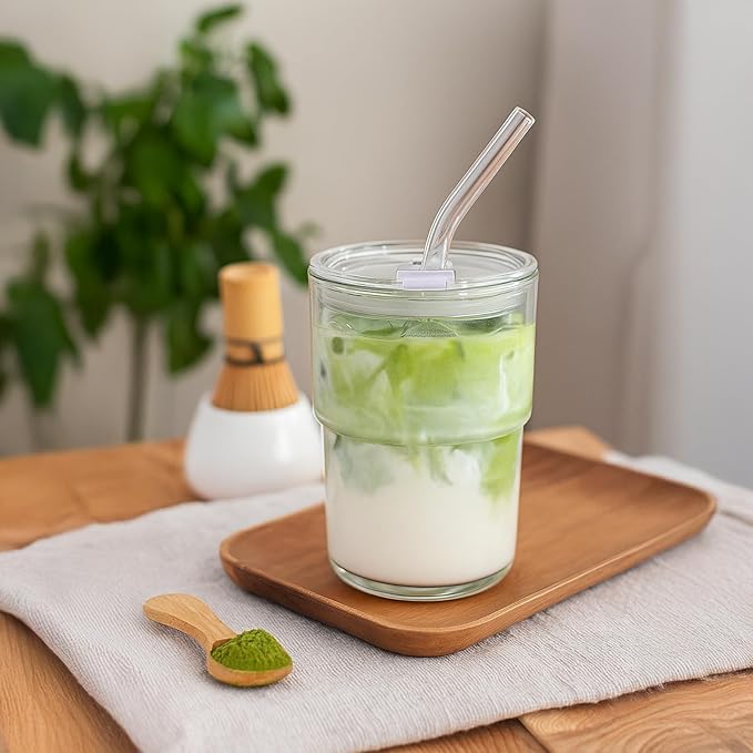 13oz Iced Coffee Cup, Reusable Glass Tumbler with Straw and Lid, Thick Wall Glass Cups with Lids and Straws for Matcha, Smoothies, Drinking Glassware Water Cups (clear-4pack)
