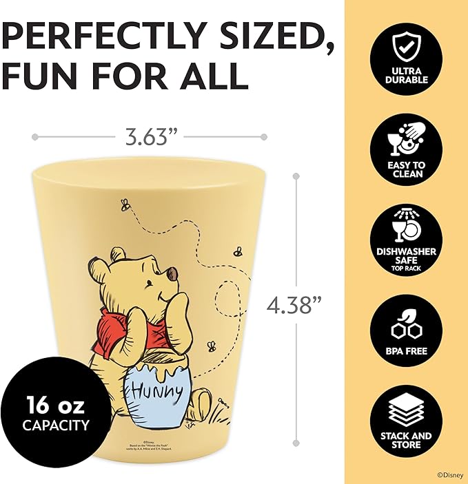 Disney Reusable Plastic Cups – 4 Pack 16 oz Plastic Drinking Glasses with Mickey, Stitch, Pooh, or Disney100 Designs – BPA-Free, Stackable, Top Rack Dishwasher Safe Tumblers for Water, Juice & More