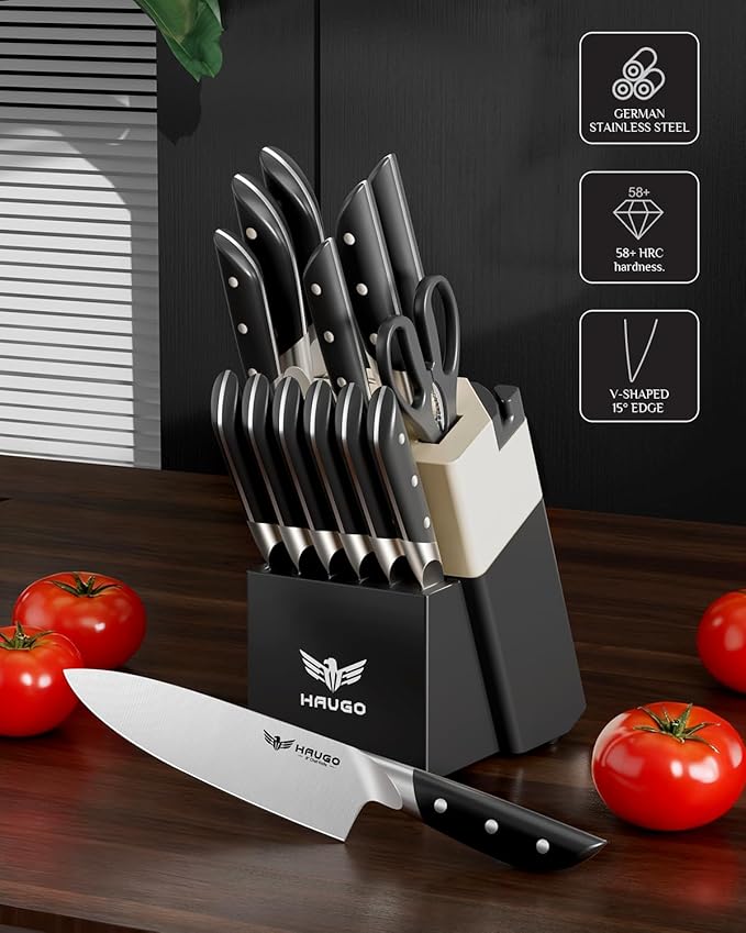 Kitchen Knife Set with Block: 14-Piece German Stainless Steel Full Tang Professional Knife - Comfortable Grip Reduces Hand Fatigue 30% - Dishwasher Safe & Sharpener - Black Knife Set for Cooking