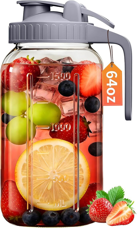 64oz Glass Pitcher with Lid & Spout – 2 Quart Mason Jars, Airtight & Leakproof Breastmilk Pitcher for Cold Brew Coffee, Sun Tea, Water, Juice – Wide Mouth, Fridge Safe