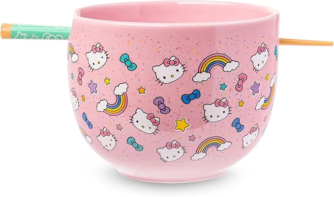 Silver Buffalo Sanrio Hello Kitty Bows Stars Rainbow Pattern Ceramic Ramen Noodle Rice Bowl with Chopsticks, Microwave Safe, 20 Ounces