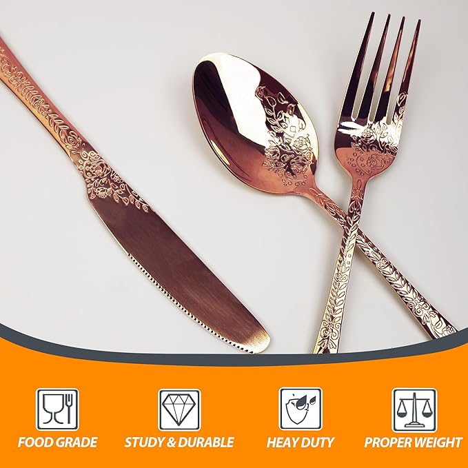 Runfly Vintage Carved Floral Rose Gold/Copper Silverware Set for 4, Stainless Steel 20-Piece Flatware Set with Knife/Fork/Spoon, Cutlery Set for Home and Kitchen, Modern Utensil Set