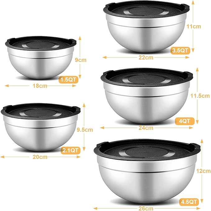 5 Piece Mixing Bowl Set - Mixing Bowls with Lid, Stainless Steel Mixing Bowls for Baking, Size 1.5, 2.1, 3.5, 4, 4.5QT, Baking Bowl for Food Preparation, Mixing and Serving Foods