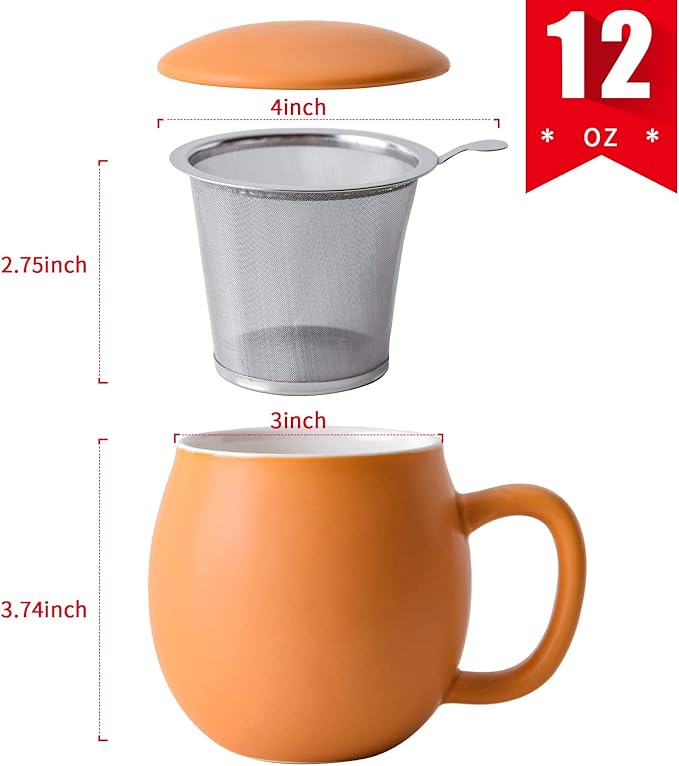 Yundu 12 OZ Matte Yellow Ceramics Teacup with Infuser and Lid, Mug with Lid for Steeping - Stainless Steel Infuser for Loose Leaf Tea, Home Office Gift for Tea Lovers