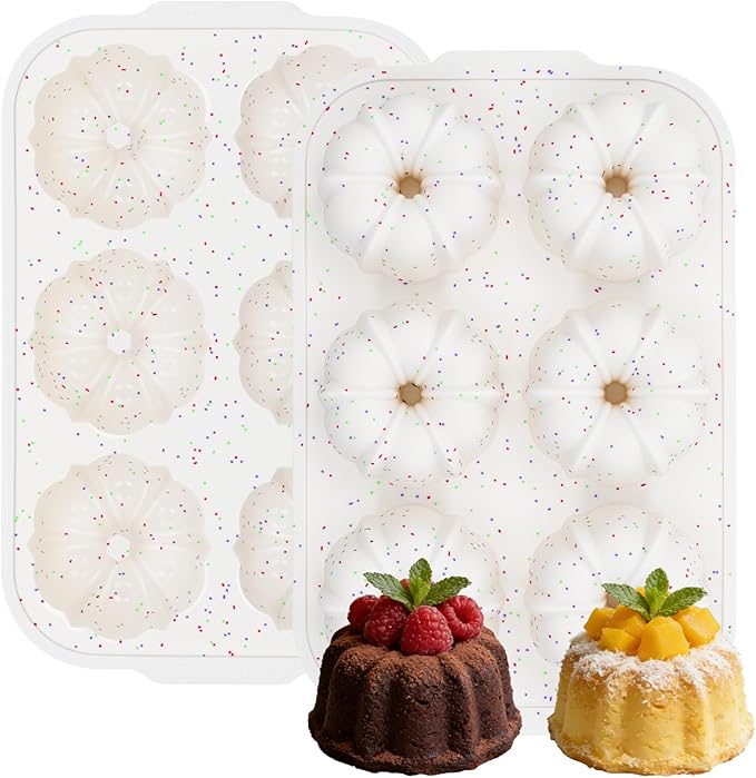 FUNBAKY Jumbo Fluted Tube Cake Pans with Metal Reinforced Frame, 2Pcs Silicone 6-Cavity 4 IN Flan Molds, Nonstick Baking Mold for Cupcake, Brownie, Donuts, Cornbread, Jello