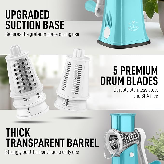 Zulay Kitchen Rotary Cheese Grater 5 Blade Cheese Shredder - Manual Hand Crank Cheese Grater With Reinforced Suction & 5 Interchangeable Drums - Easy to Use, Vegetable Chopper Round Mandoline Slicer