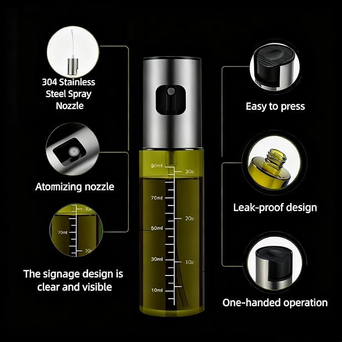 Oil Sprayer for Cooking - Olive & Avocado Oil Spray Bottle, 100ml Food Grade Glass Mister with Adjustable Nozzle for Kitchen Gadgets, Air Fryer, Salad, Frying, BBQ （1PCS）