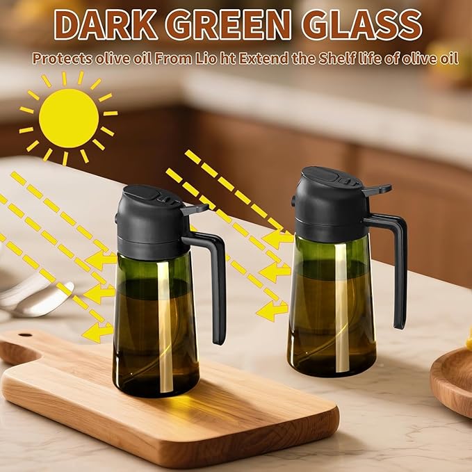 2PCS Olive Oil Dispenser and Oil Sprayer – 16oz/470ml Glass Light-Proof Oil Pourer for Kitchen Air Fryer, Cooking, Salad, and BBQ, with Stickers