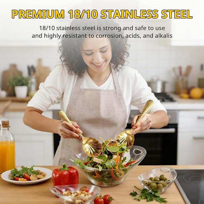 4Pack Serving Spoons 18/10 Stainless Steel Large Serving Spoons Set, Hammered Long Handle Serving Spoons for Buffet, Scalloped Design Serving Utensils for Kitchen Party Buffet Banquet (Gold)