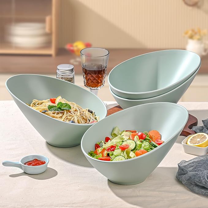 Bamboo Fiber Salad Bowls, 4 Packs Serving Bowls Blue Green, Compostable 33 Ounce Elegant Angled Bowls for Salad, Pasta, Soup, Prep, Ideal for Home and Restaurant