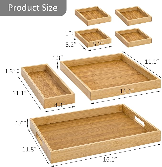 Wood Serving Trays with Handles, Set of 7 Rectangular Platters, Nesting Bamboo Tray for Breakfast in Bed, Entertaining, Couch, Party, Breakfast, Coffee Table, Home Decor