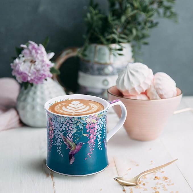 Spring Hummingbird Floral Coffee Mug, 12oz Dark Teal Ceramic Mug with Wisteria and Fluttering Hummingbird, Elegant Gift Mug for Mom, Women & Bird Lovers, Designed in England by Harvest Green Studio