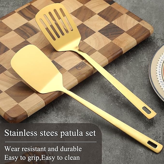 Gold Spatulas Set of 2, Kyraton Stainless Steel Spatula, Metal Spatulas, Kitchen Solid Slotted Turner, Titanium Gold Plating Cooking Utensils Set, Dishwasher Safe