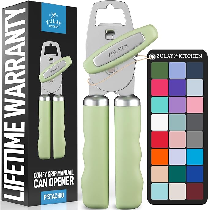 Zulay Kitchen Heavy Duty Stainless Steel Can Opener Manual with Bottle Opener - Rust Proof Manual Can Opener With Turn Knob & Comfy Soft Grip Handles - Pistachio