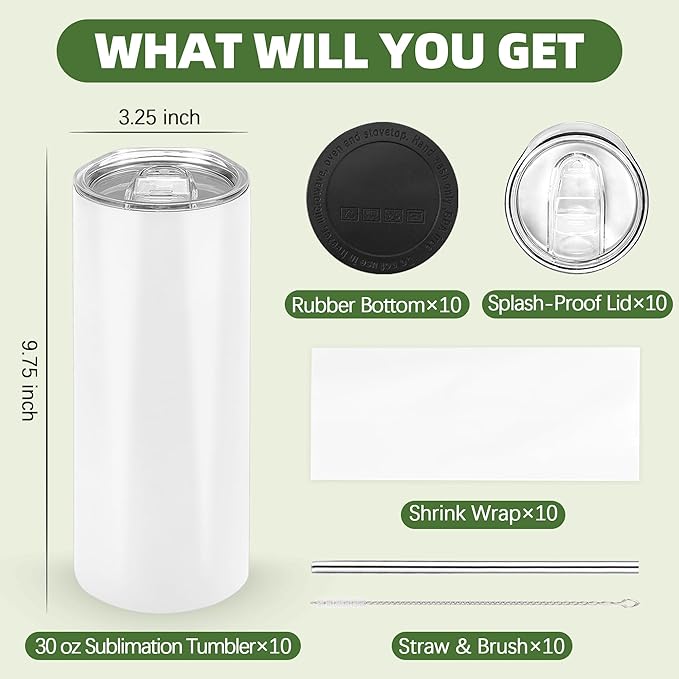 Joyclub Sublimation Tumblers 30 oz Blank Tumblers for Sublimation Skinny Bulk Double Wall Insulated Cups with Individually Gift Boxed and Shrink Wrap Films for Heat Transfer 10 Pack