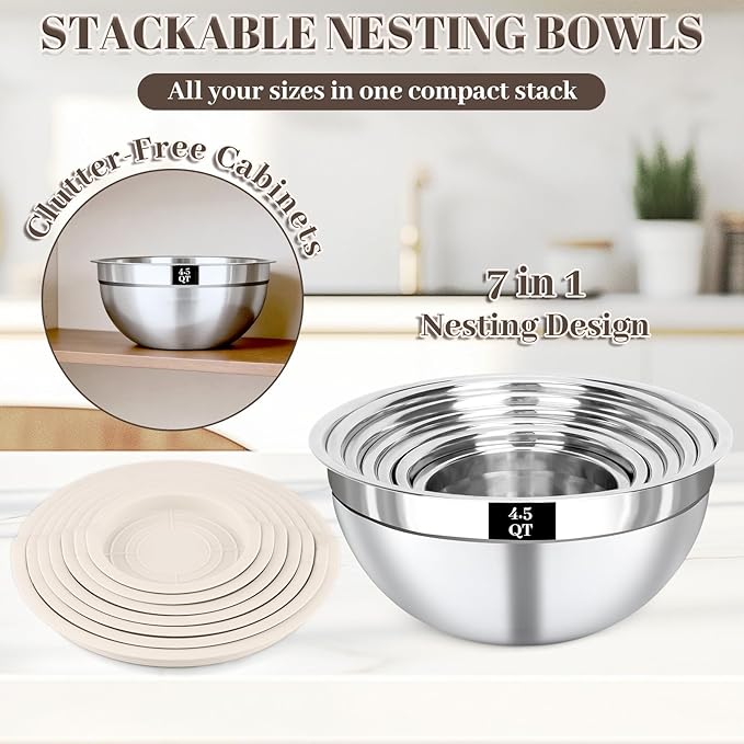 Mixing Bowls with Lids Set - 7PCS Nesting Mixing Bowls, Airtight Lids, Stainless Steel Mixing Bowls for Mixing, Baking & Meal Prep, Dishwasher Safe, Size 0.7/1.1/1.5/2.1/3.5/4/4.5 QT, Khaki