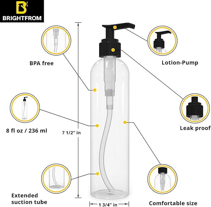 BRIGHTFROM Lotion Pump Bottles, Empty 8 OZ, BPA-Free Refillable Plastic Containers, Clear with Black Dispenser for - Soap, Shampoo, Lotions, Liquid Body Soap, Creams and Massage Oil (2 Pack)
