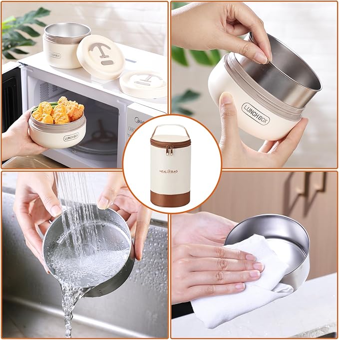 Dandat 3 Pcs Portable Insulated Lunch Container Set for Adult, Stackable Stainless Steel Bento Box for Hot Food with Insulated Lunch Bag Unisex 3 Separate Thermal Food Container(Beige,Round)