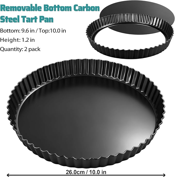 Tart Pan 2 Pack, 10 Inch Non-Stick Carbon Steel Pie Pan, Tart Pans with Removable Bottom - Perfect Molds for Making Quiches, Brownies, and Fruit Tarts with Grooved Edges