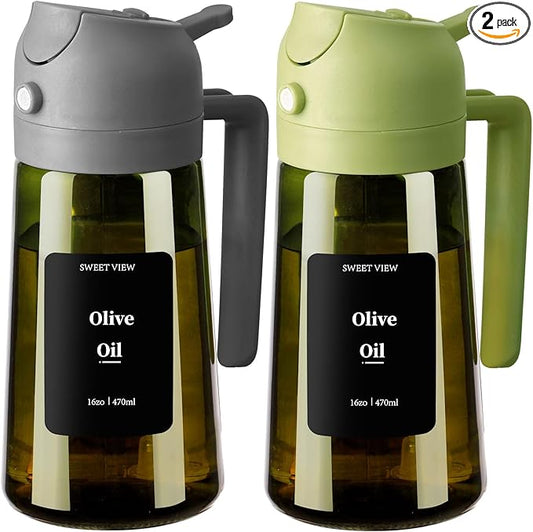 2PCS Olive Oil Dispenser and Oil Sprayer – 16oz/470ml Glass Light-Proof Oil Pourer for Kitchen Air Fryer, Cooking, Salad, and BBQ, with Stickers
