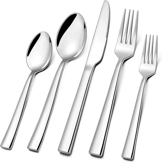 Silverware Set for 2, CXJY 10-Piece Stainless Steel Flatware Cutlery Set, Square Edge Kitchen Utensil Include Knives/Forks/Spoons, Tableware for Home/Hotel, Mirror Polished Dishwasher Safe