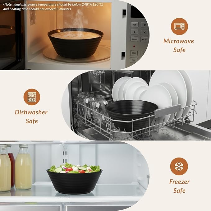 Homienly 6 PCS Large Bowl Set, Lightweight and Unbreakable Wheat Straw Bowls for Salad,Soup,Cereal, Microwave Safe 50 OZ Big Bowls Set, Stackable Kitchen Dining Essentials - Black
