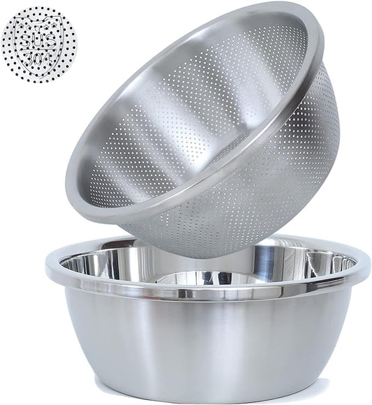 304 Stainless Steel Microporous Colander, 3.5QT Large Capacity with Mixing Bowl For washing vegetables fruit and rice and for draining cooked pasta(2PC)