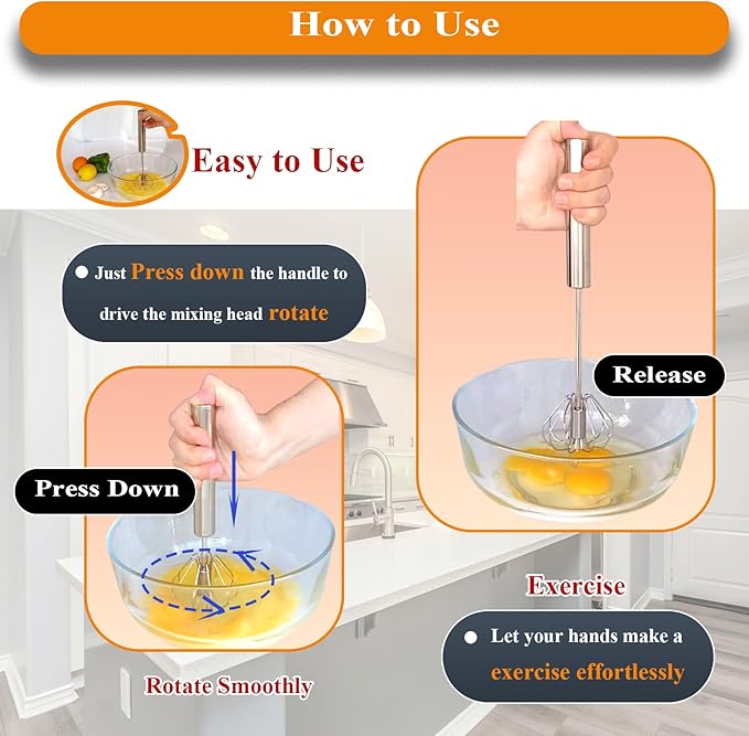 Stainless Steel Semi Automatic Whisk Egg Beater Whizzy Whisk, Hand Push Blender Kitchen Mixer Wisking Tool for Blending Cooking Gadgets (10in+12in)