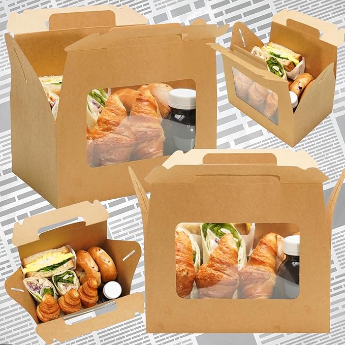 UnicoPak 30 Pack Brown Gable Bakery Boxes with Window 9x6x6, Food-grade Cardboard, Rustic Treat Boxes for Homemade Gifts, Lunch, Donuts, Bread, Large Gift Boxes with Handles for Favors