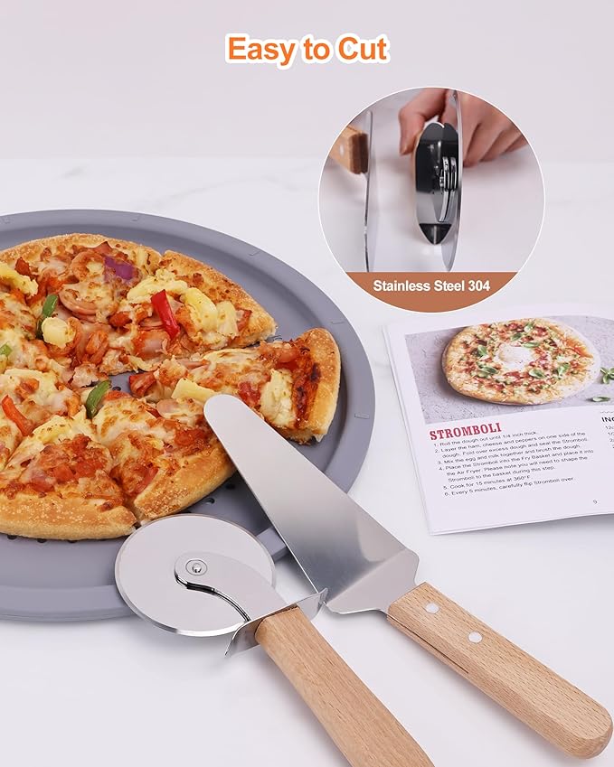 Pizza Wheel Cutter and Pie Server, Pizza Spatula Wtih Wood Handle, Nonstick Stainless Steel Pizza Cutter Wheel With Sharp Blade