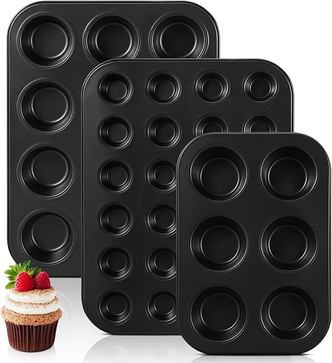 3 Pack Nonstick Muffin Pan Carbon Steel Cupcake Pan Muffin Tin Easy to Clean Tray Bakeware for Baking Cup Cake Cheesecake, 6, 12, and 24 Cup, Jumbo