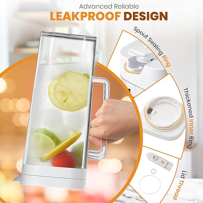 SlimFit 2 Quart (2 Liter) pitcher with lid - Water jug for fridge door - Leakproof 64oz plastic pitcher with lid - Drink Container for Juice, Iced Tea, Coffee, BPA-Free Plastic, White
