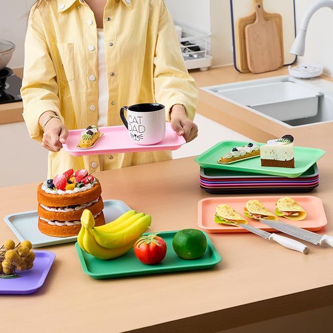 Mumufy 12 Pcs Plastic Fast Food Trays Bulk Colorful Restaurant Serving Trays Cafeteria Rectangular Plastic Serving Platter Grill for Kitchen Restaurant Coffee (Classic Color)