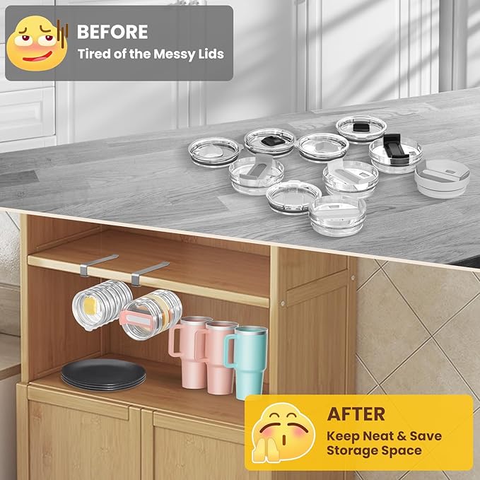 2 Pack Tumbler Lid Organizer, Under Cabinet Cup Lid Holder for Yeti Insulated Mug/Stanley Insulated Mug/Simple Modern Insulated Mug Lid, No Gluing, No Drilling, Up to 10 Lids (Stainless Steel)