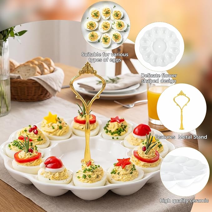 1 Tier Ceramic Easter Deviled Egg Platter 12 Hole Deviled Egg Tray Container, Detachable Eggs Holder Tower for Easter Party Food Container for Kitchen Countertop Microwave Dishwasher Freezer