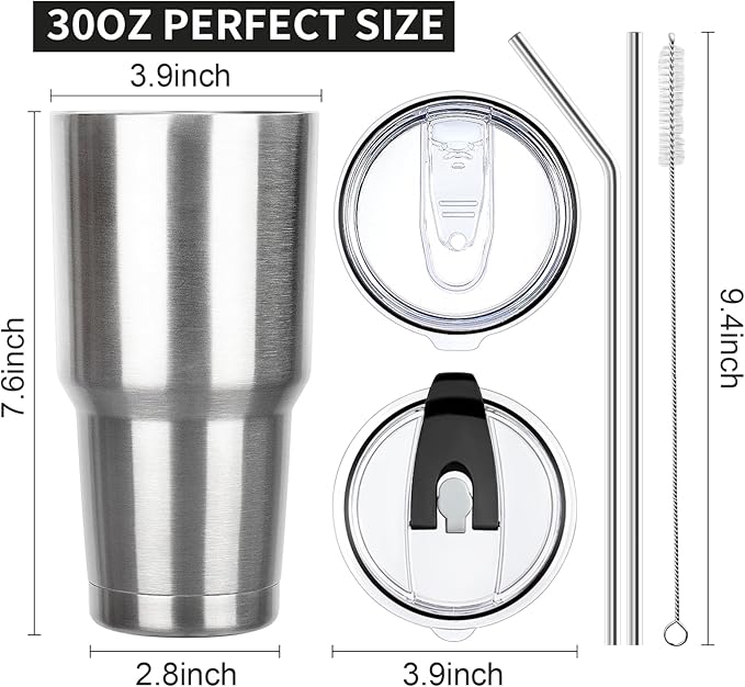 30 oz Tumbler with Lids and Straws Double Wall Insulated Tumbler Cup,Stainless Steel Leak-proof Thermal Coffee Tumbler Powder Coated Travel Mug for Cold and Hot Beverages,Silver
