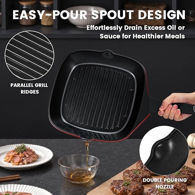 11 Inch Nonstick Grill Pan, Square Large Grilling Skillet Steak Pan for Stove Tops, Granite Coating Grill Skillet with Pour Spouts, PTFE & PFOA Free, Durable Grilling Pan for Indoor & Outdoor