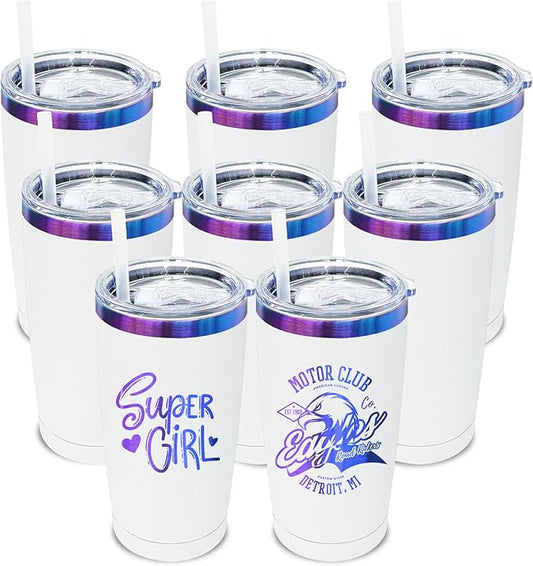 20 oz Tumbler Bulk 8 Pack Stainless Steel Tumblers with Lids and Straws, Double Wall Vacuum Insulated Travel Coffee Mug for Laser Engrave, Powder Coated Cups for Hot and Cold Drinks (White,8 pack)