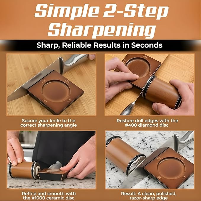 High Carbon Stainless Steel 4 Angles Rolling Knife Sharpener with 400, 1000 & 3000 Replacement Discs | Blunt Knife Sharpening Kit with 15°, 18°, 20°, and 22° Sharpening for Kitchen & Chef's Knives