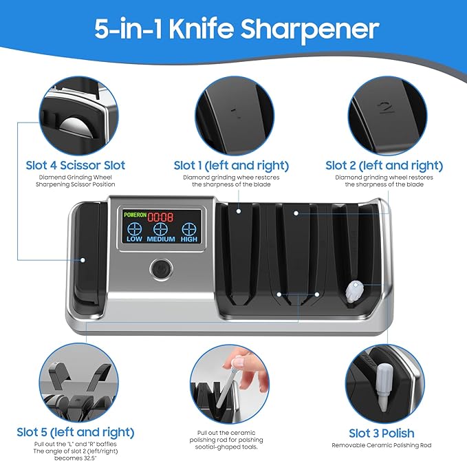 5-in-1 Electric Knife Sharpener for Kitchen Knives, with 100% Diamond Abrasives, 3 Adjustable Speeds, Quickly Sharpening for Straight/Serrated/Kitchen Knives, Scissors