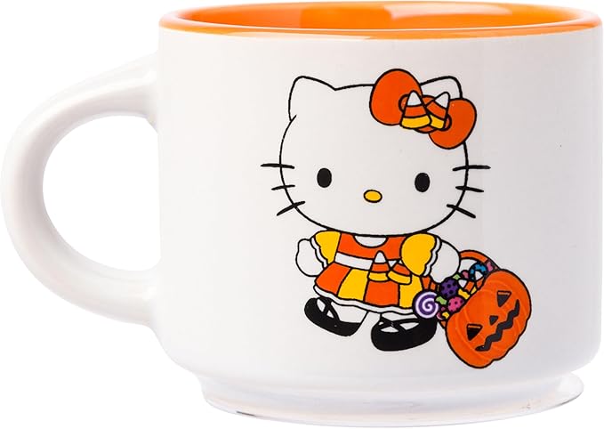 Silver Buffalo Sanrio Hello Kitty Halloween Themed 4 pack Ceramic Espresso Set with Storage Rack, 3 Ounces