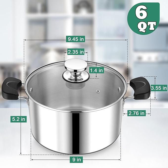 6 Quart 3-Ply Cooking Stock Pot with Lid, P&P CHEF Stainless Steel Large Pot for Pasta Soup, Work on Multi Stove, Heavy Duty & Dishwasher Safe, Dual Heat-resistant Handles & Transparent Glass Lid