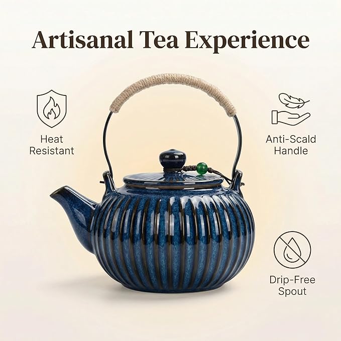 Japanese Ceramic Teapot with Infuser and Removable Stainless Steel Filter for Loose Tea 25 OZ/750ml for Office Home Men Women as Gift Royal Blue