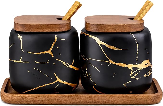 2 Sets of Marble Ceramic Seasoning Jars Ceramic Sugar Bowl with Lids，Tray and Spoons (black) …